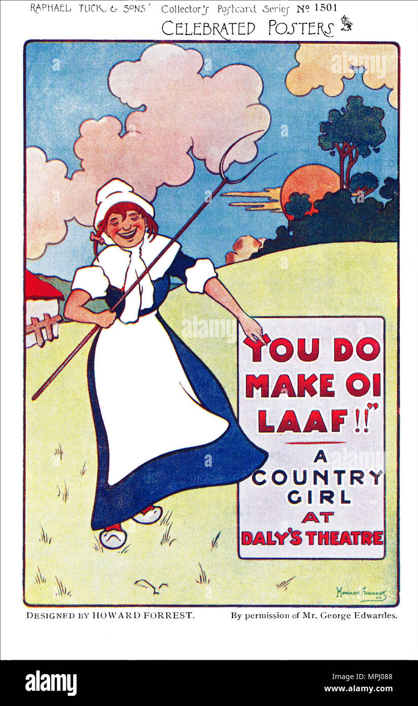 Vintage Cartolina pubblicitaria di un poster da Howard Forrest per il musical una ragazza del paese. Scritto da James T. TANNER, Adrian Ross e Percy Greenbank. Eseguito per la prima volta a Daly's Theatre di Londra nel 1902. Foto Stock