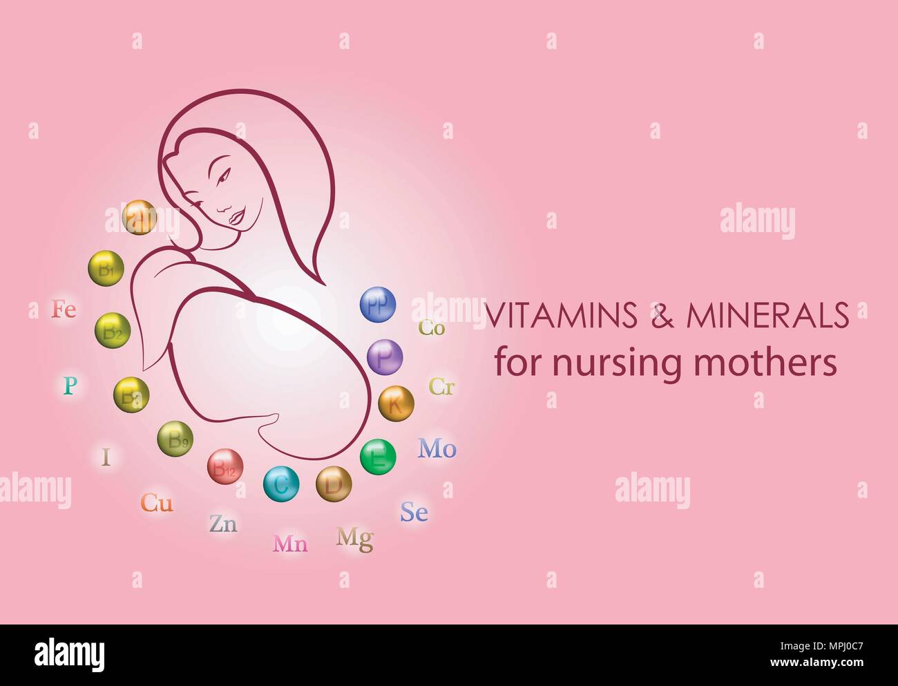 Illustrazione di vitamine e sostanze minerali per le madri che allattano Illustrazione Vettoriale