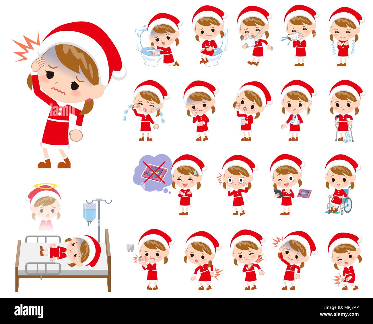 Set di pose diverse di Santa Claus Costume ragazza malattia Illustrazione Vettoriale