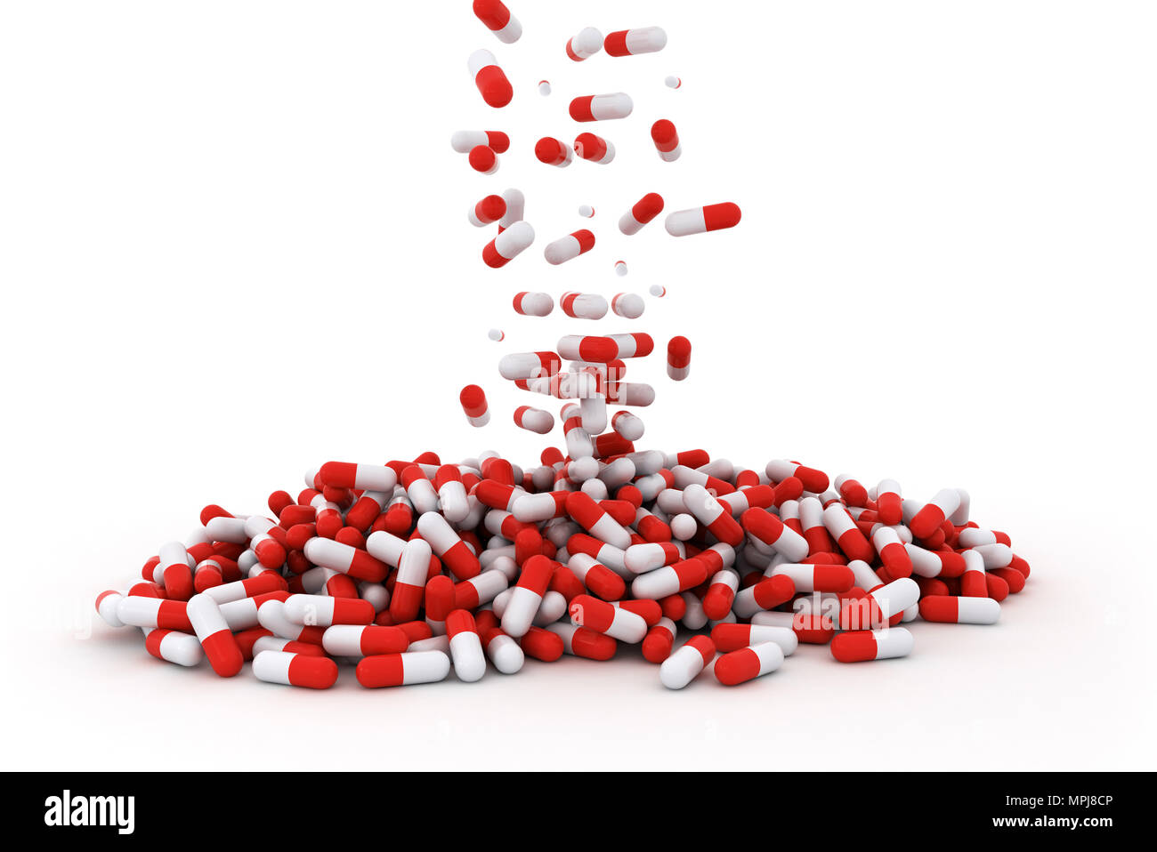 La prescrizione di farmaci per il trattamento di medicine. Medicamento farmaceutico. Tema della farmacia, il mucchio di rosso e bianco capsula rotonda pillole. Isolato su bianco ba Foto Stock