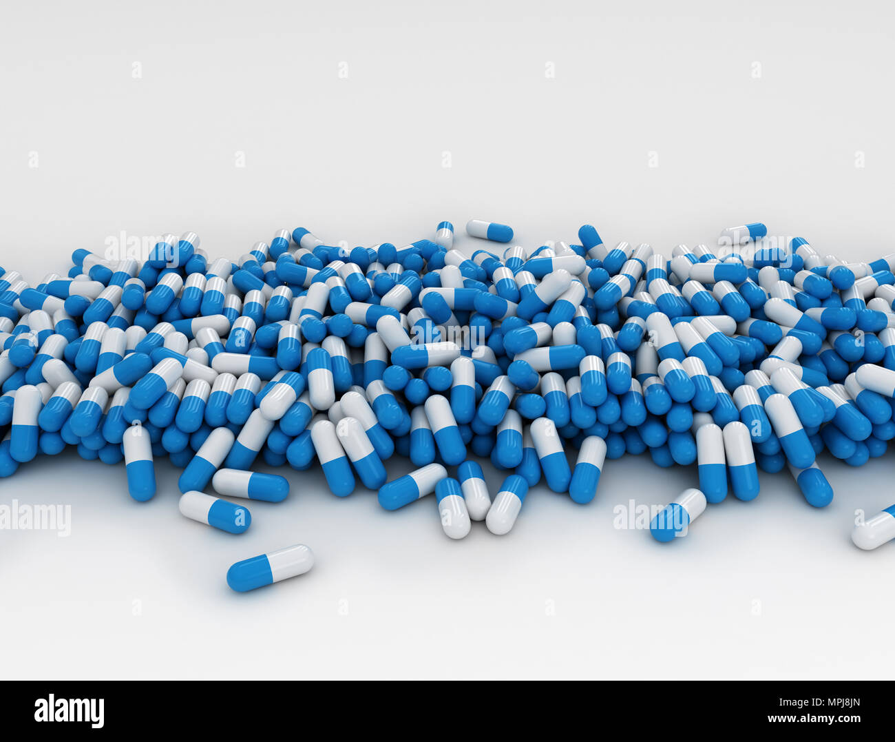 Prescrizione di farmaco medicina. Industria farmaceutica. Cumulo di blu e bianco capsula rotonda pillole. Sfondo bianco 3d illustrazione Foto Stock