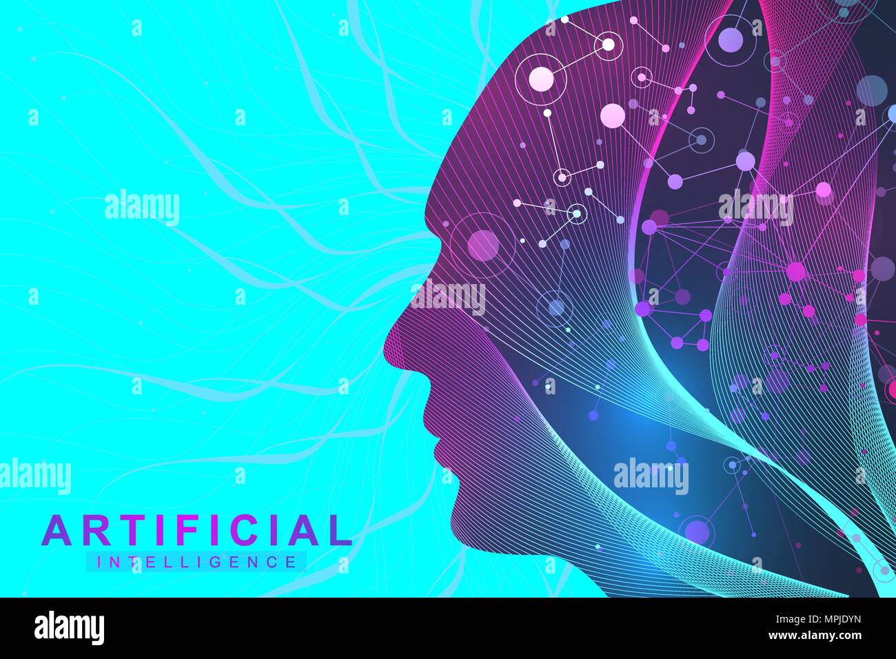 Il futuristico di intelligenza artificiale e macchina il concetto di apprendimento.. Grande umana per la visualizzazione di dati. Flusso d'onda di comunicazione scientifica, illustrazione vettoriale. Illustrazione Vettoriale