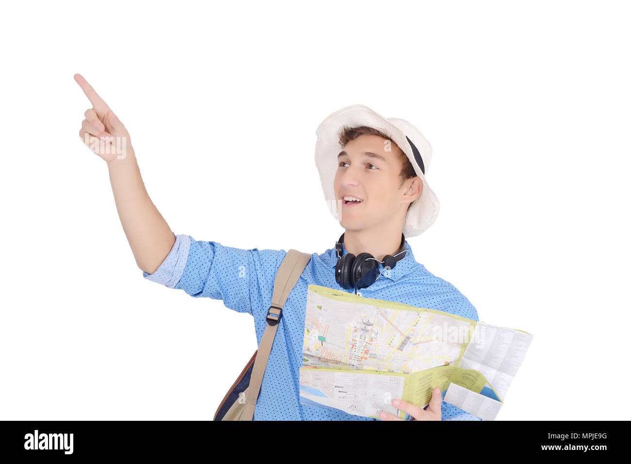 Ritratto di teen turist viaggiando con la mappa. Concetto di viaggio. Isolato sfondo bianco Foto Stock