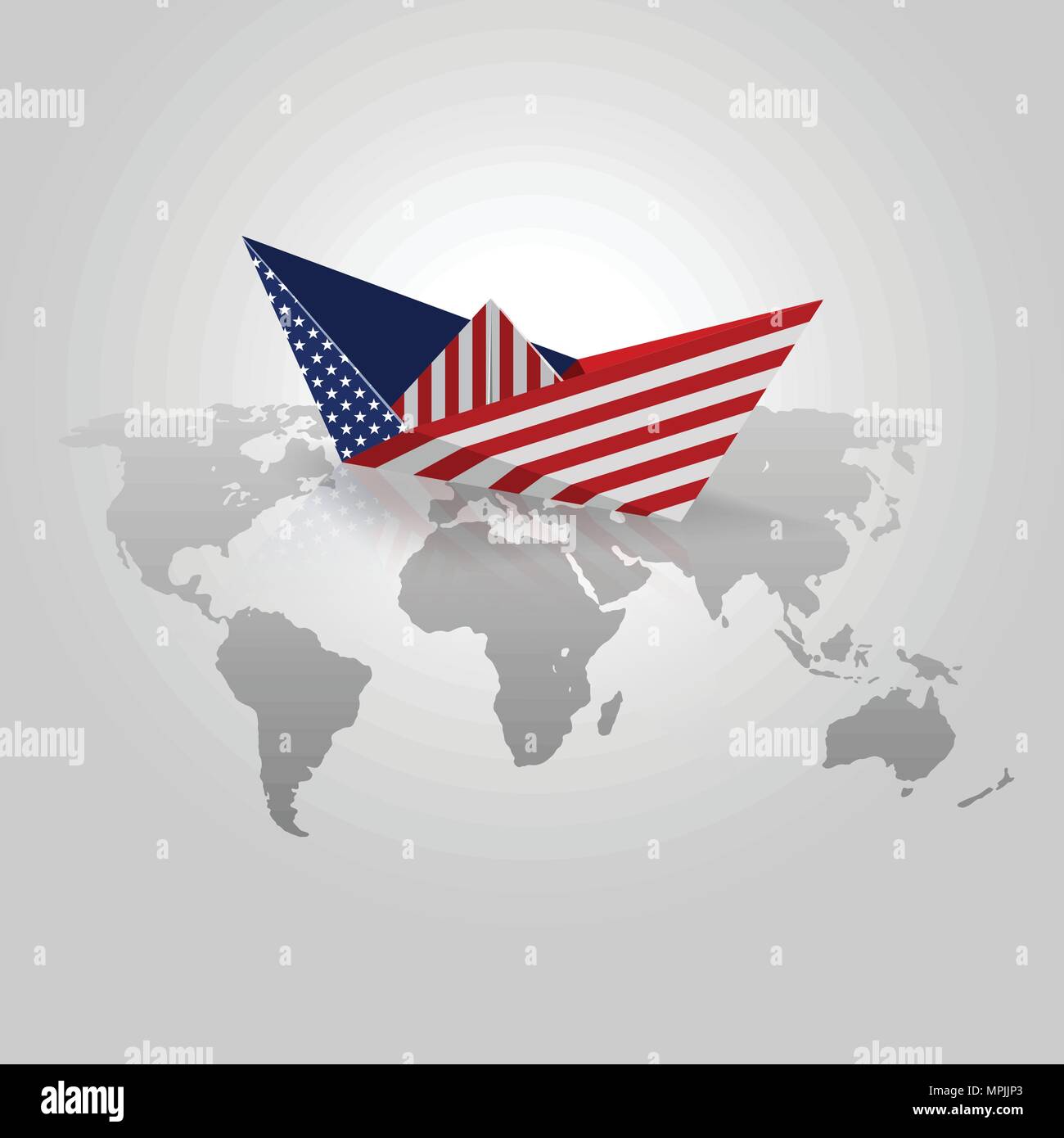 Barca di carta con United States Flag. Carta origami con bandiera degli Stati Uniti sulla mappa del mondo vettori Illustrazione Vettoriale