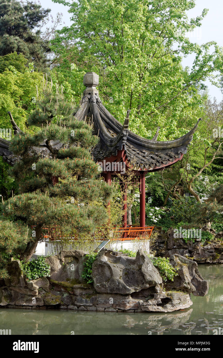 La pagoda cinese e stagno in il dott. Sun Yat-Sen Park a Chinatown, Vancouver, BC, Canada Foto Stock