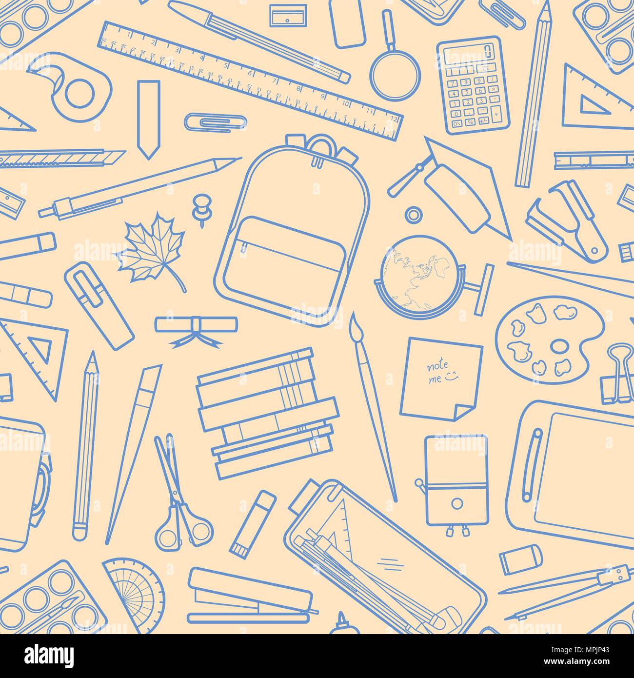 Profilo blu stationery casuale pastello su sfondo rosa. Seamless pattern design dello sfondo per la scuola e istruzione in illustrazione vettoriale. Illustrazione Vettoriale