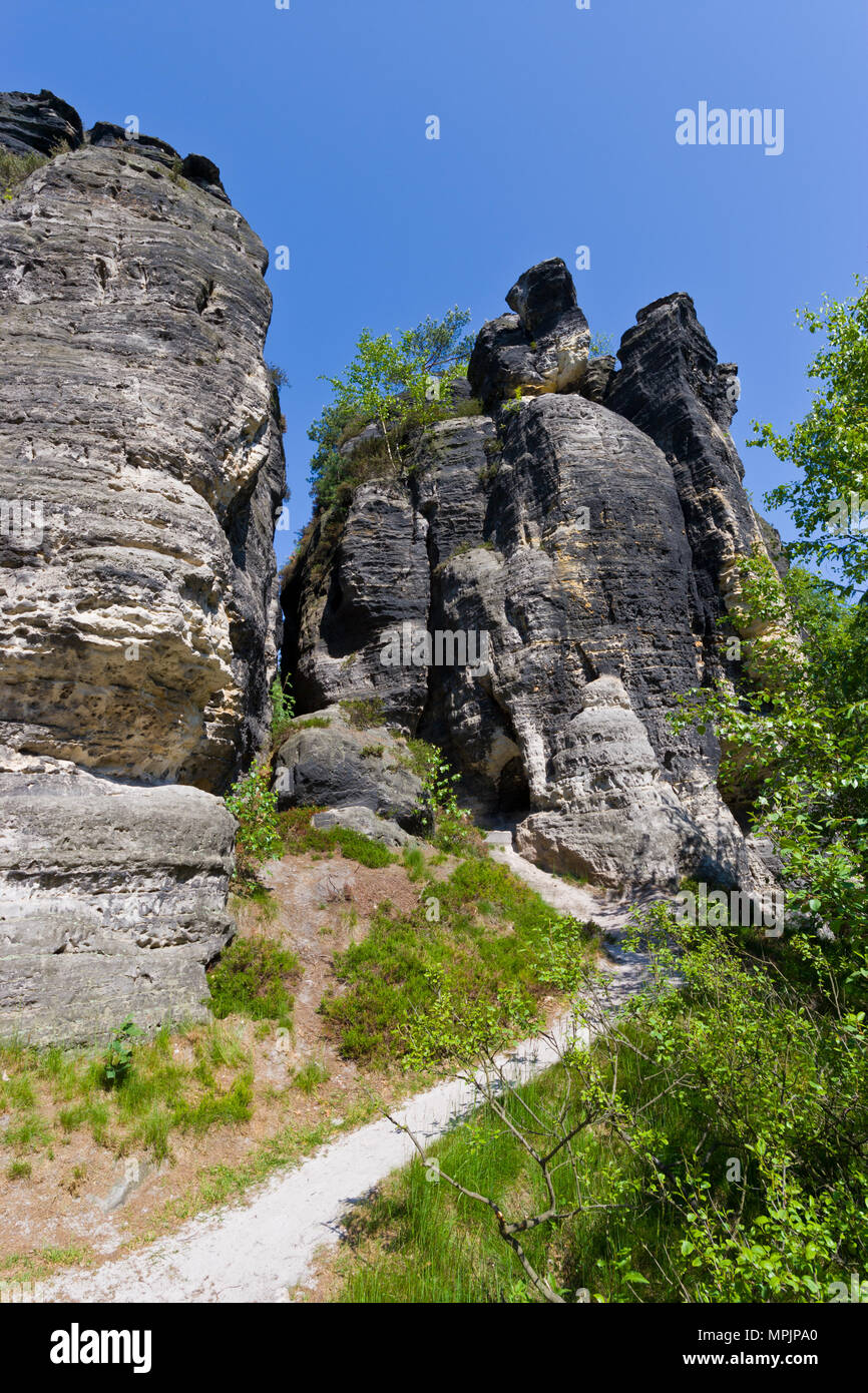 Tiské stěny, Labské pískovce, narodni park Ceske Svycarsko, Ceska republika / della Svizzera boema, Tisa città rocciose, pareti Tyssa, Boemia settentrionale, Czec Foto Stock