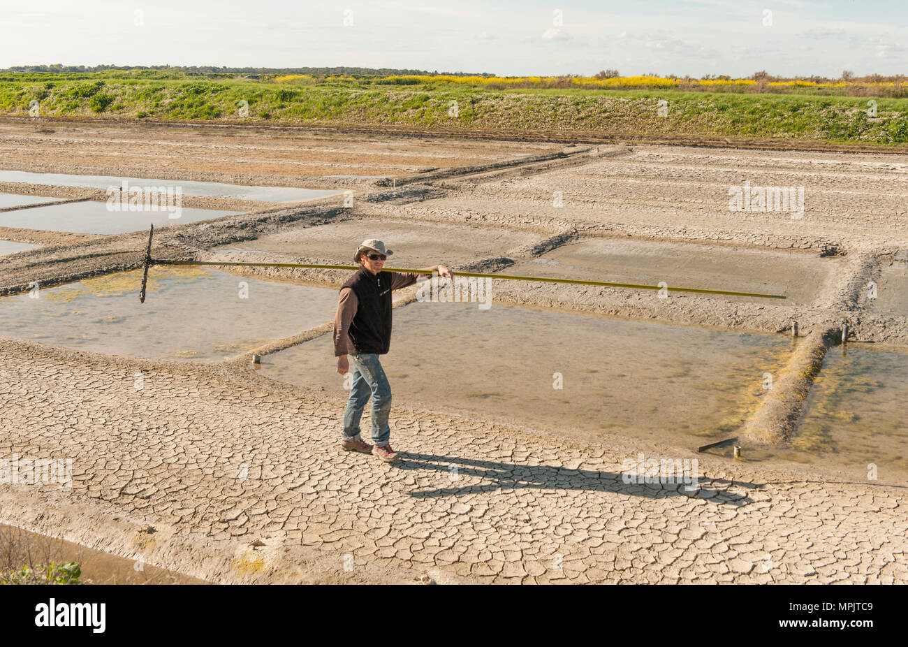 Uomo al lavoro le saline di île de Ré, costa atlantica, Francia Foto Stock