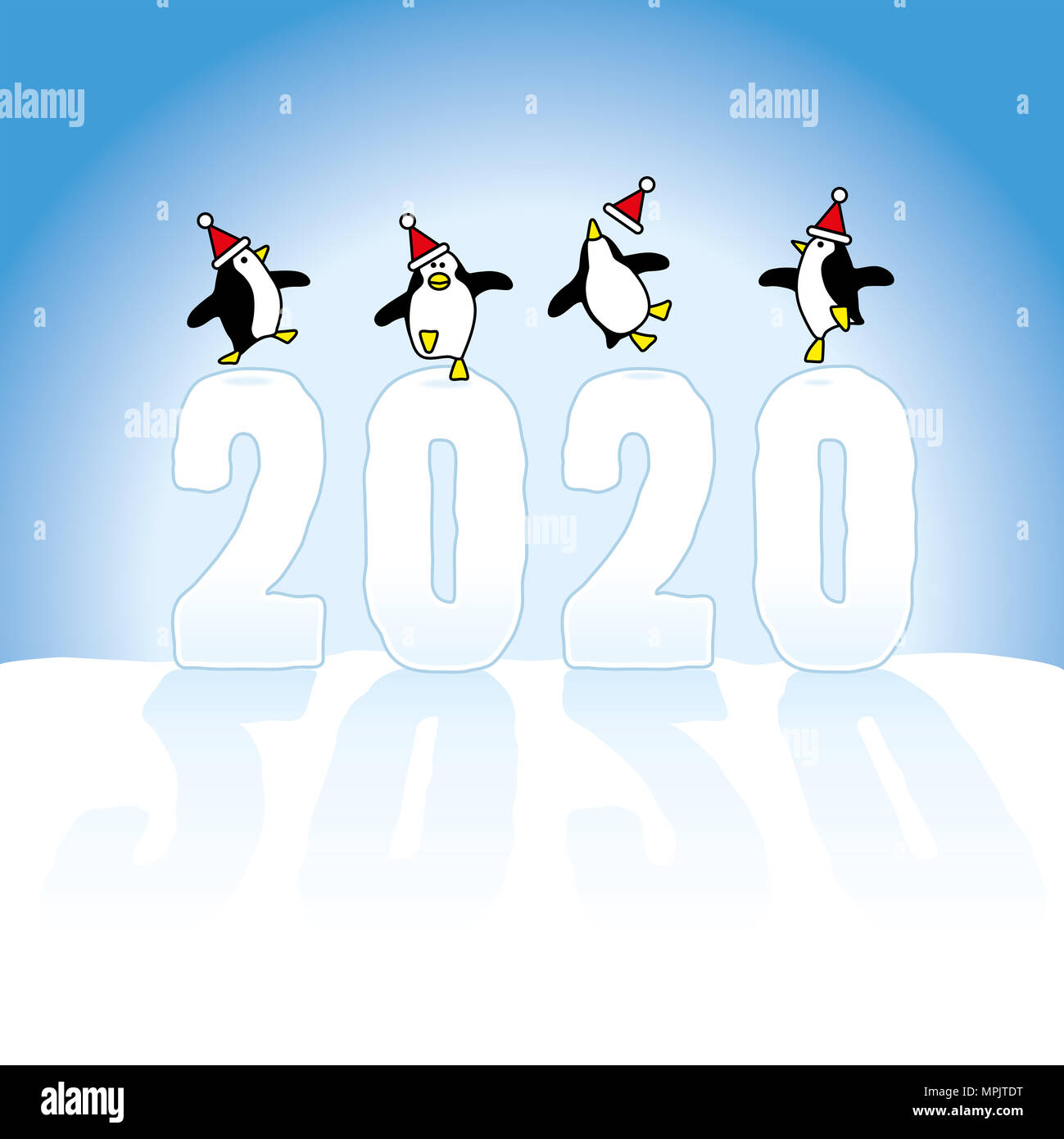 Quattro Felice Festa indossando dei pinguini di Santa Claus cappelli ballare sulla sommità di congelati 2020 realizzato in Snow dasting lunghe ombre su Blue Horizon Foto Stock