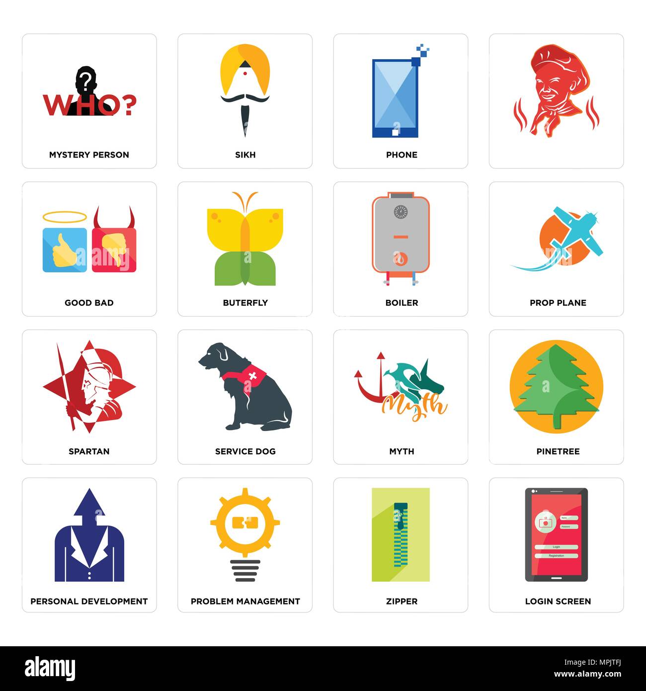 Set di 16 semplici icone modificabile come schermata di login, zipper, problem management per lo sviluppo personale, pino, mistero persona, bene male, spartan, b Illustrazione Vettoriale