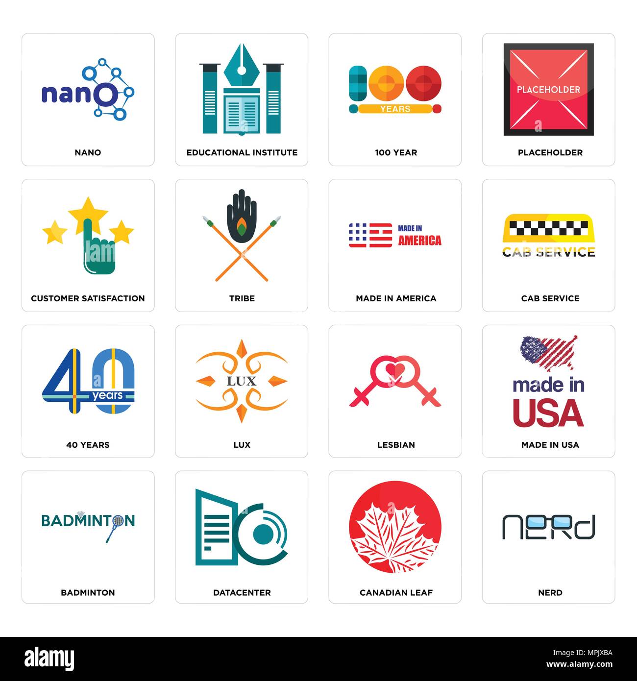 Set di 16 semplici icone modificabile come nerd, canadese di foglia, datacenter, badminton, made in USA, nano, soddisfazione del cliente, 40 anni, America può essere Illustrazione Vettoriale
