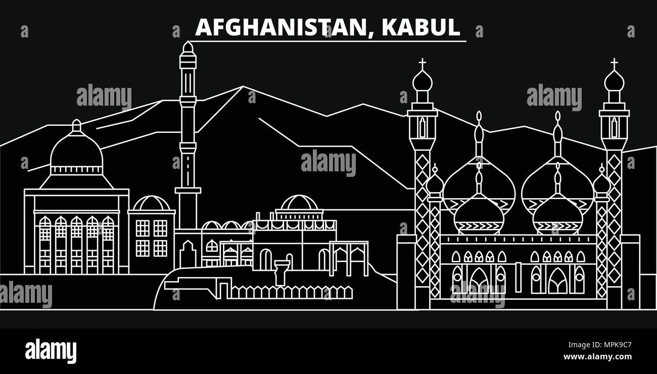 Silhouette di Kabul skyline. Afghanistan - vettore di Kabul città afghana architettura lineare, edifici. Kabul travel illustrazione, delineare i punti di riferimento. Afghanistan icona piana, linea afgano banner Illustrazione Vettoriale