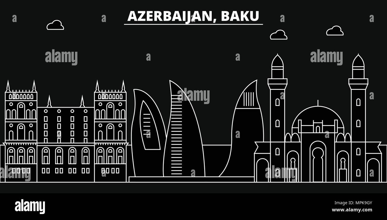 Baku silhouette skyline. Azerbaigian - vettore di Baku city, azerbaigiana architettura lineare, edifici. Linea di Baku travel illustrazione, punti di riferimento. Azerbaigian icona piana, azerbaigiana schema di progettazione banner Illustrazione Vettoriale