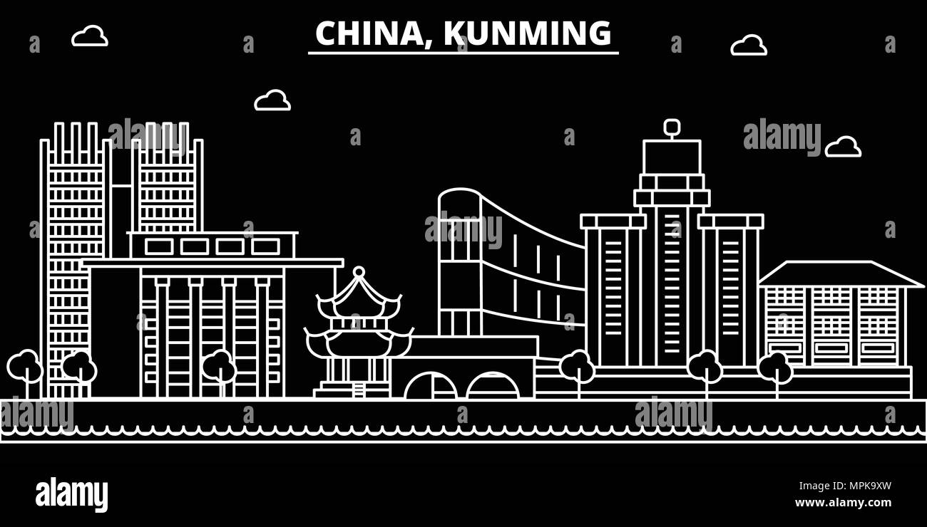 Silhouette di Kunming skyline. Cina - vettore di Kunming city, cinese architettura lineare, edifici. Viaggi di Kunming illustrazione, delineare i punti di riferimento. Cina icona piana, linea cinese banner Illustrazione Vettoriale