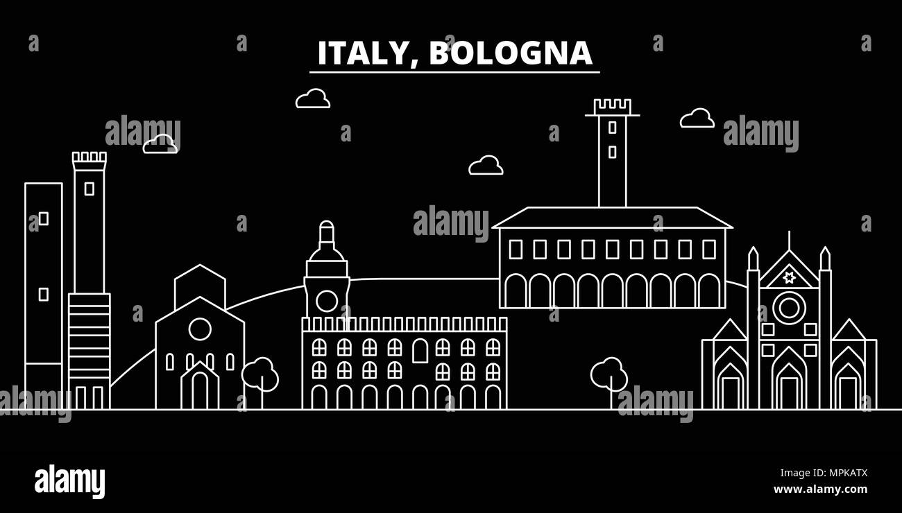 Bologna skyline di silhouette. Italia - Bologna città di vettore, italiano architettura lineare, edifici. Bologna travel illustrazione, delineare i punti di riferimento. Italia icona piana, linea italiana banner Illustrazione Vettoriale