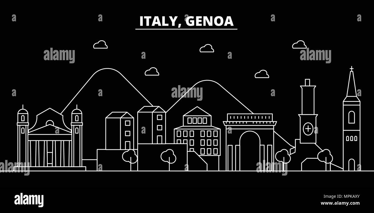 Genova silhouette skyline. Italia - Genova città di vettore, italiano architettura lineare, edifici. Genova travel illustrazione, delineare i punti di riferimento. Italia icona piana, linea italiana banner Illustrazione Vettoriale
