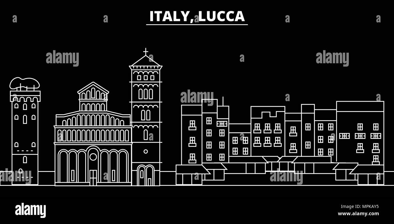 Lucca silhouette skyline. Italia - Lucca città di vettore, italiano architettura lineare, edifici. Lucca travel illustrazione, delineare i punti di riferimento. Italia icona piana, linea italiana banner Illustrazione Vettoriale