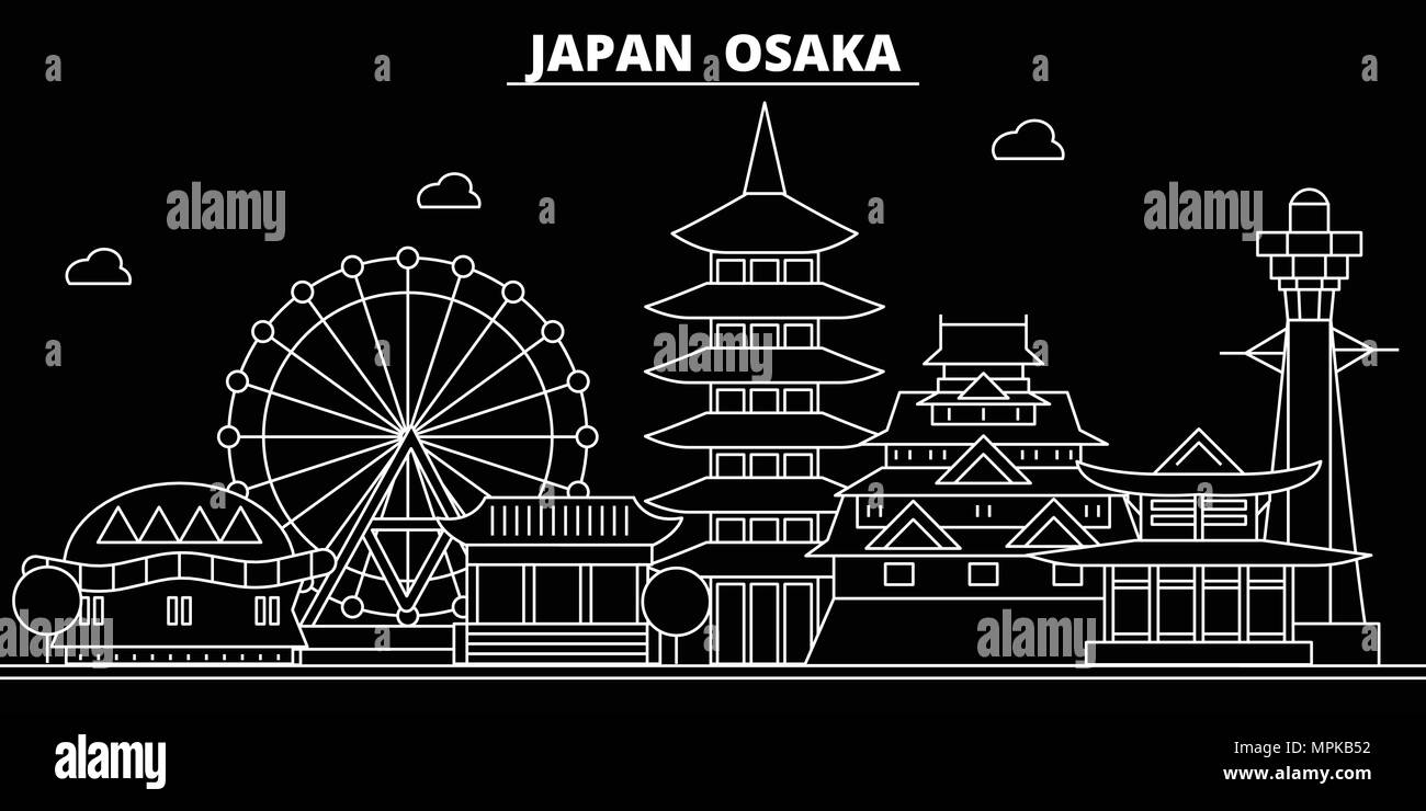 Silhouette di Osaka skyline. Giappone - vettore di osaka city, giapponese architettura lineare, edifici. Osaka travel illustrazione, delineare i punti di riferimento. Giappone icona piana, giapponese banner di linea Illustrazione Vettoriale