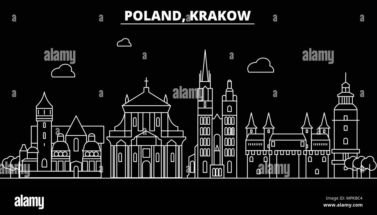 Cracovia silhouette skyline. Polonia - Cracovia città di vettore, polacco architettura lineare, edifici. Viaggi Cracovia illustrazione, delineare i punti di riferimento. Polonia icona piana, polacco banner di linea Illustrazione Vettoriale