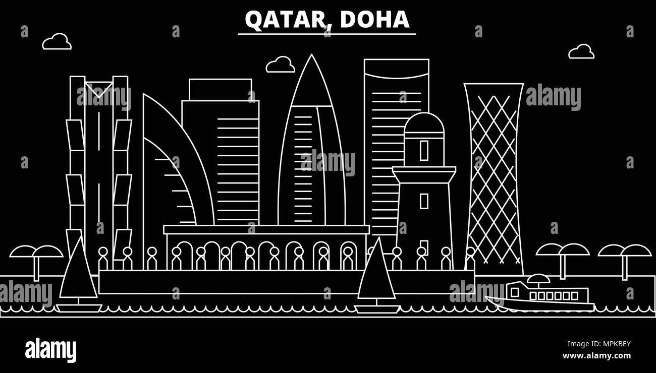 Silhouette di Doha skyline. Qatar - Doha città di vettore, Qatar architettura lineare, edifici. Doha illustrazione di viaggio, delineare i punti di riferimento. Qatar icona piana, Qatar banner di linea Illustrazione Vettoriale