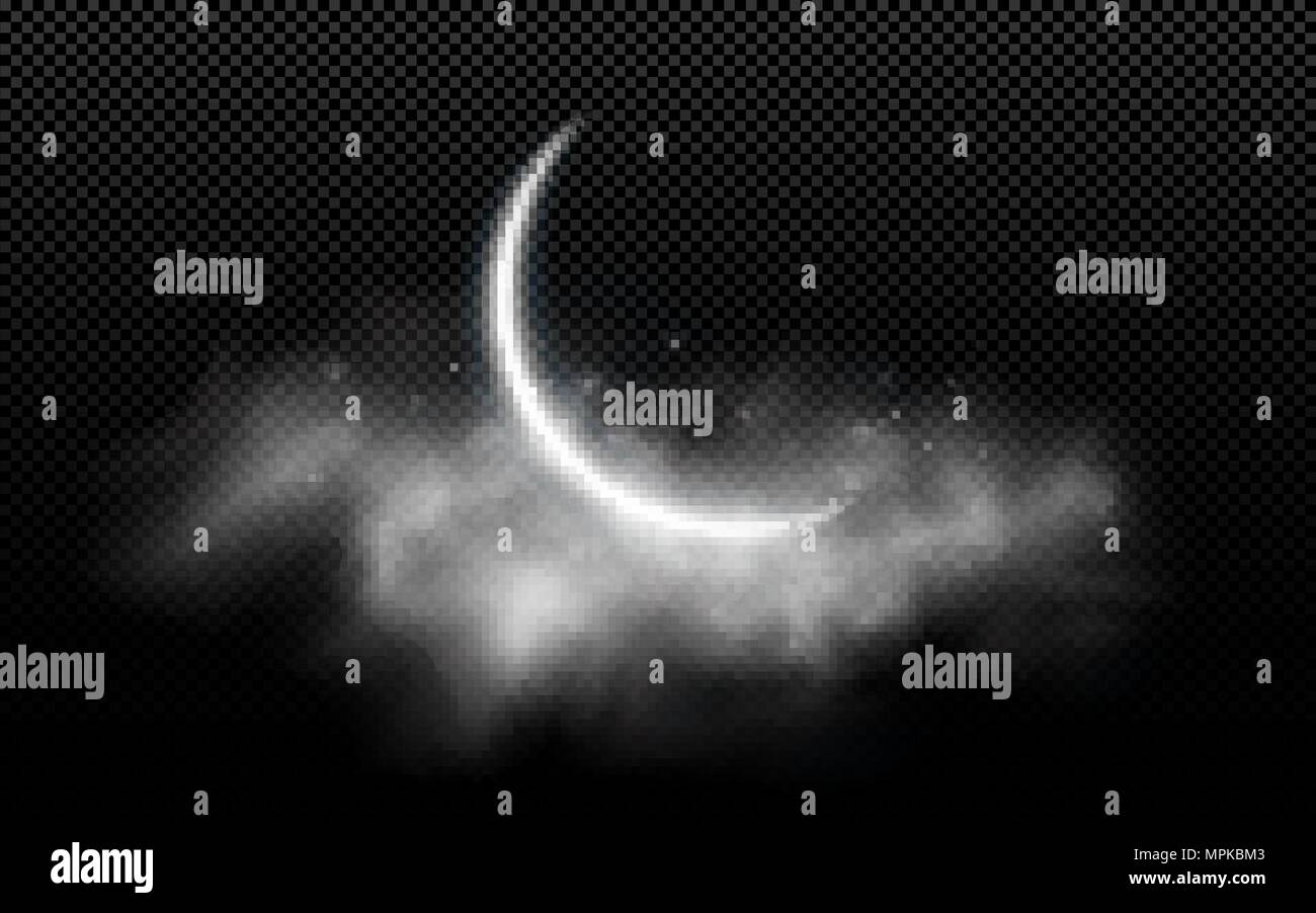 Realistico il mese lunare con le nubi isolate su uno sfondo trasparente. Cloud stellata. Notte oscura. Vacanza musulmana del Ramadan Kareem. Latte incandescente luna. Vec Illustrazione Vettoriale