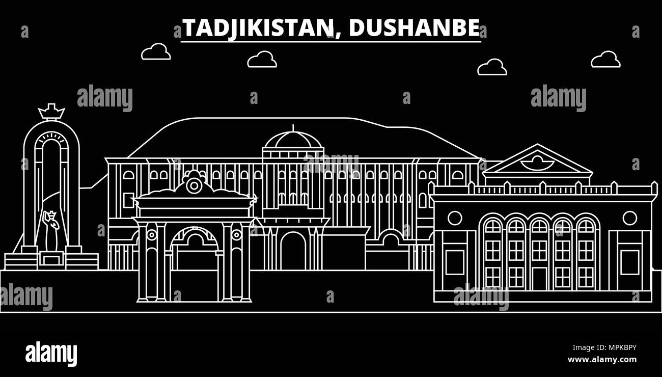 Dushanbe silhouette skyline. Tagikistan - vettore di Dushanbe città, tagiko architettura lineare, edifici. Dushanbe travel illustrazione, delineare i punti di riferimento. Tagikistan icona piana, linea tagiko banner Illustrazione Vettoriale