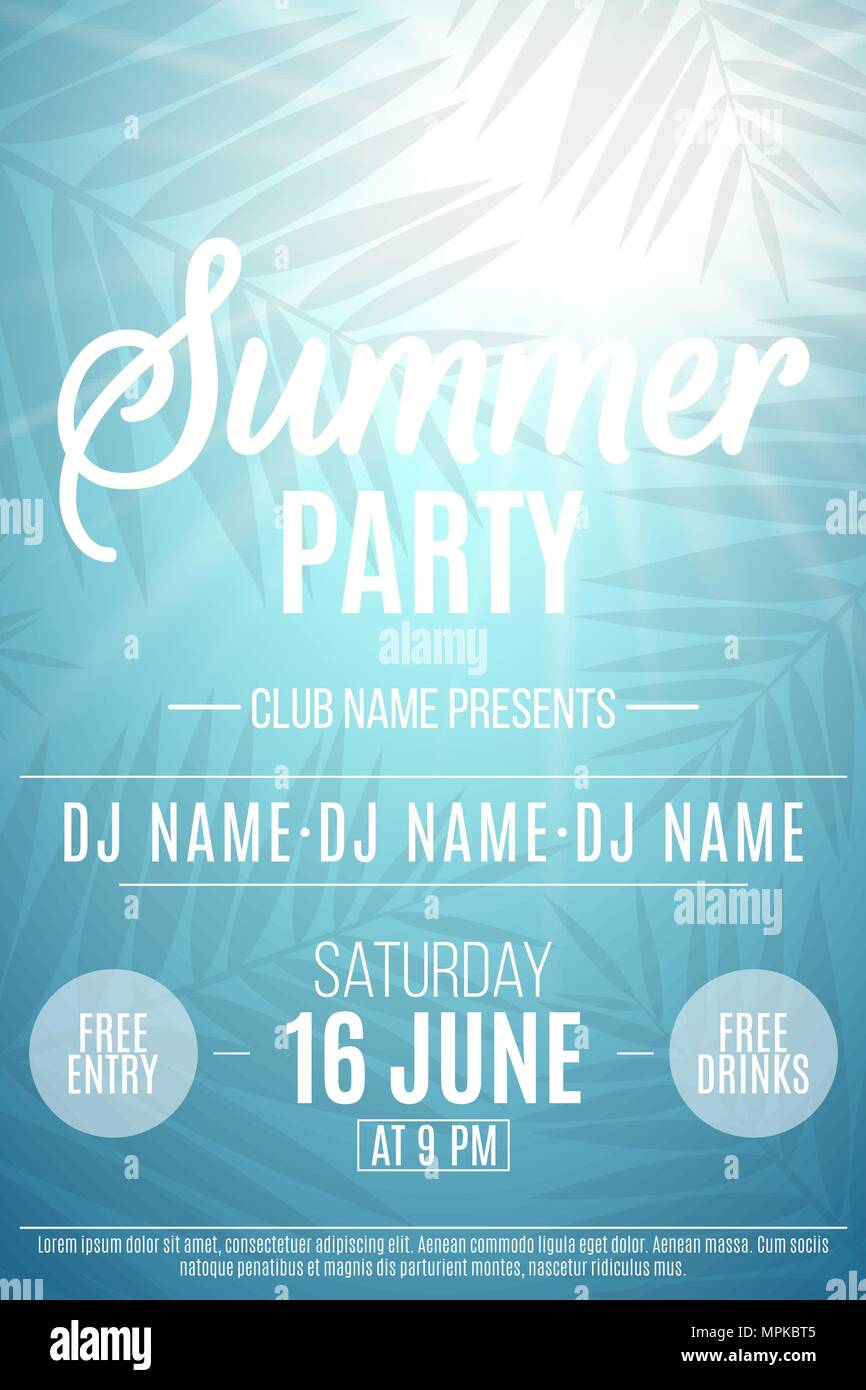 Poster per la festa estiva. Sfondo con palme. I nomi dei club e DJ. Discoteca estiva flyer. Illustrazione Vettoriale. EPS 10 Illustrazione Vettoriale