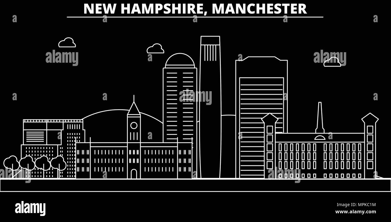 Manchester silhouette skyline. Stati Uniti d'America - vettore di Manchester City, american architettura lineare, edifici. Manchester travel illustrazione, delineare i punti di riferimento. USA icone piana, linea americana banner Illustrazione Vettoriale