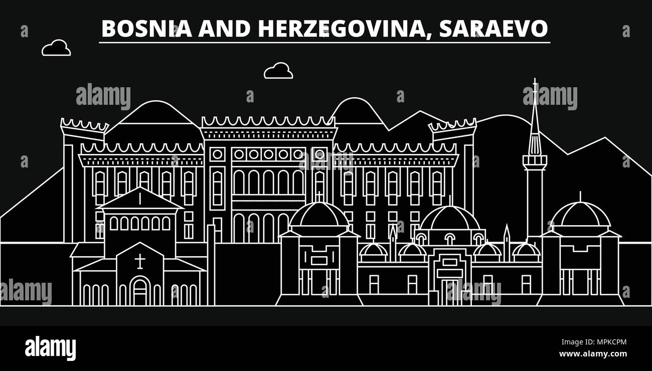 Silhouette Saraevo skyline. Bosnia ed Erzegovina - vettore Saraevo city, bosniaco architettura lineare, edifici. Viaggio Saraevo illustrazione, delineare i punti di riferimento. La Bosnia e Erzegovina icona piana, s Illustrazione Vettoriale