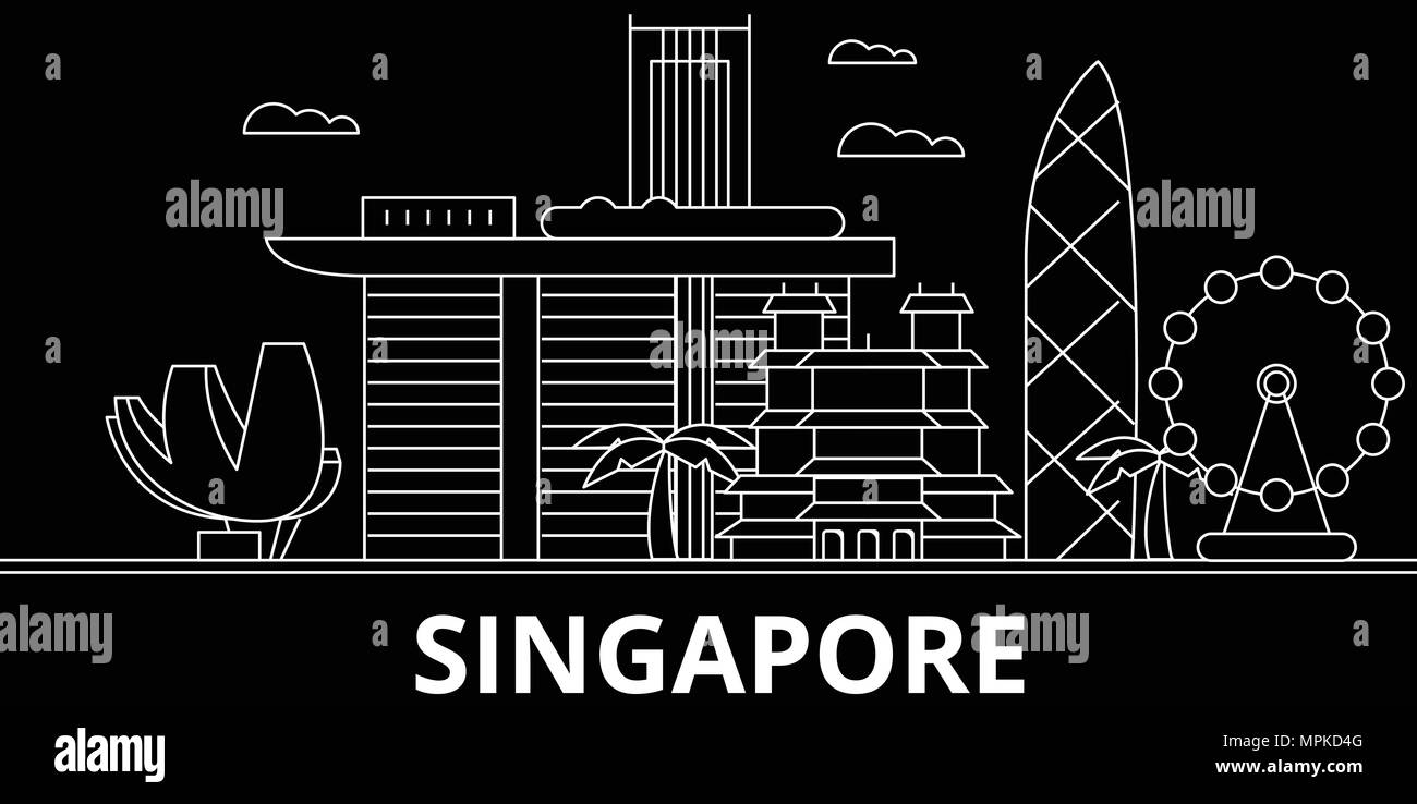 Silhouette di Singapore skyline. Cina - Singapore città di vettore, cinese architettura lineare, edifici. Singapore travel illustrazione, delineare i punti di riferimento. Cina icona piana, linea cinese banner Illustrazione Vettoriale