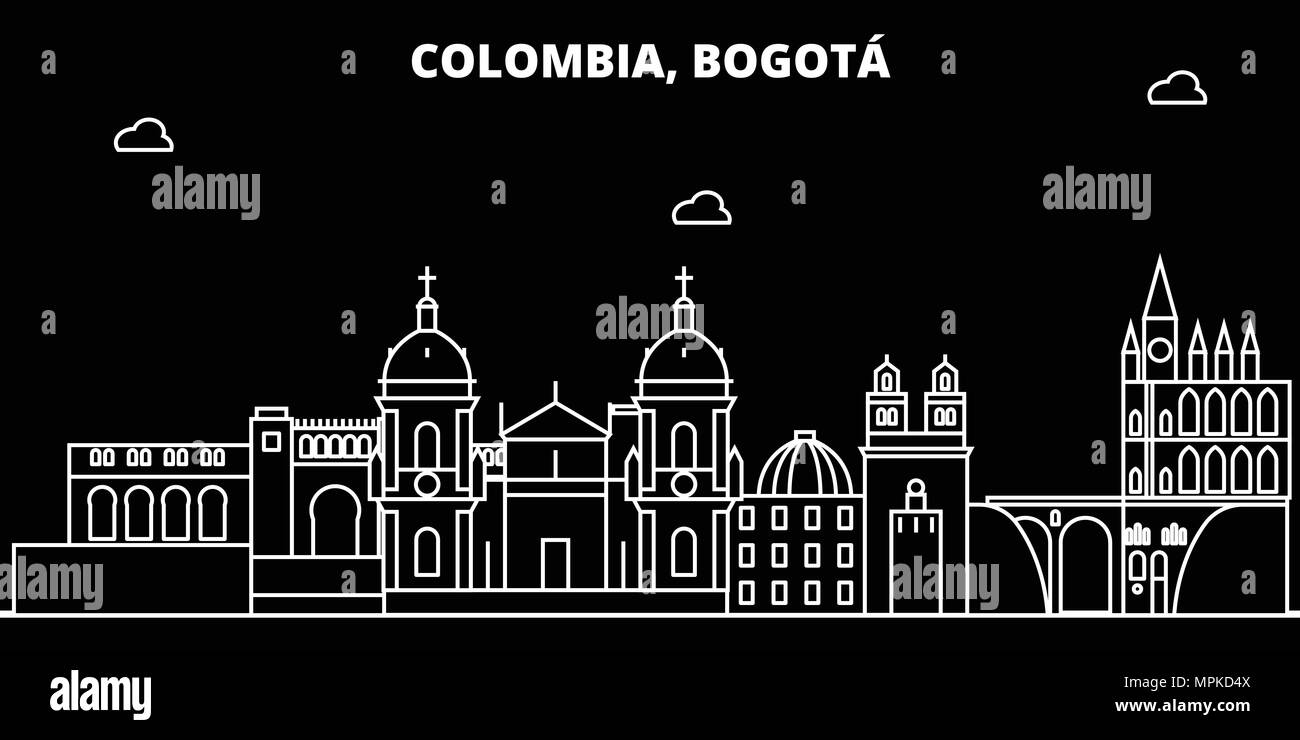 Bogotà silhouette skyline. Colombia - Bogotà città del vettore, colombiana architettura lineare, edifici. Bogotà linea illustrazione di viaggio, punti di riferimento. Colombia icona piatto colombiano, schema di progettazione banner Illustrazione Vettoriale