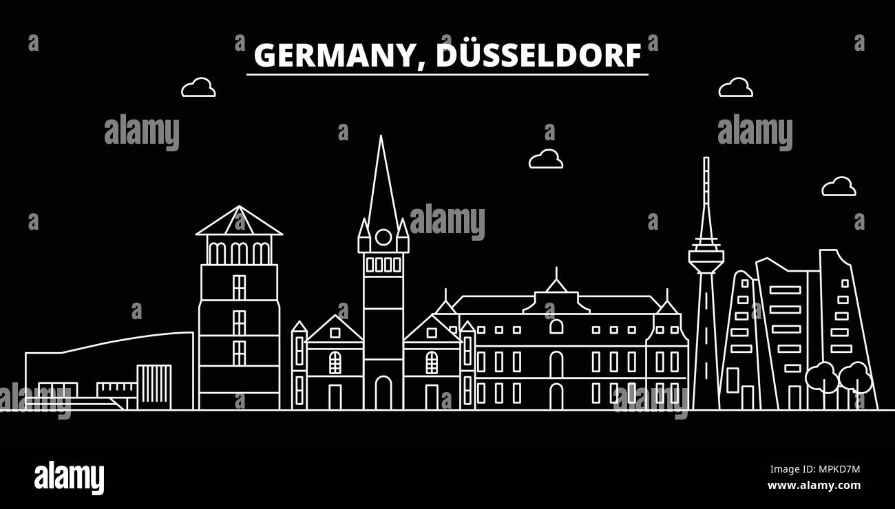 Dusseldorf silhouette skyline. Germania - Dusseldorf città del vettore, tedesco architettura lineare, edifici. Dusseldorf linea illustrazione di viaggio, punti di riferimento. Germania icona piana, tedesco schema di progettazione banner Illustrazione Vettoriale