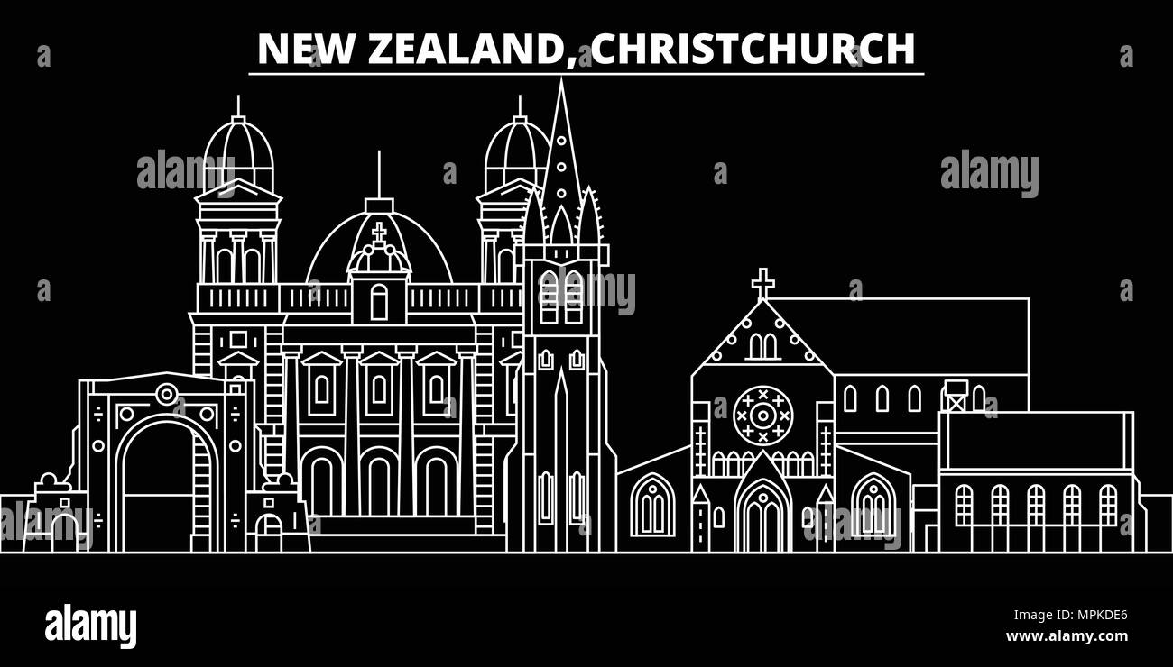 Christchurch silhouette skyline. Nuova Zelanda - Christchurch città di vettore, architettura lineare. Christchurch travel illustrazione, delineare i punti di riferimento. Nuova Zelanda le icone di Piana, banner di linea Illustrazione Vettoriale