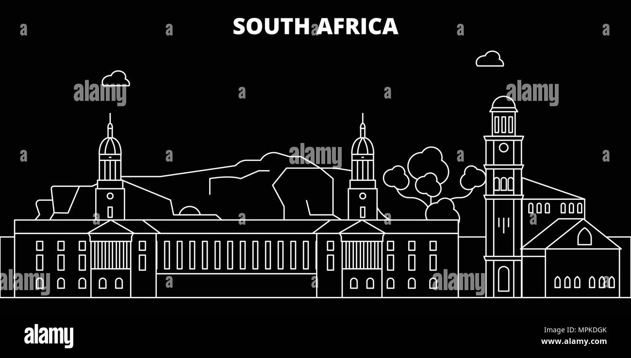 Sud Africa silhouette skyline, vettore città africana di architettura lineare, edifici. Sud Africa travel illustrazione, delineare i punti di riferimento, le icone di Piana, linea africana banner Illustrazione Vettoriale