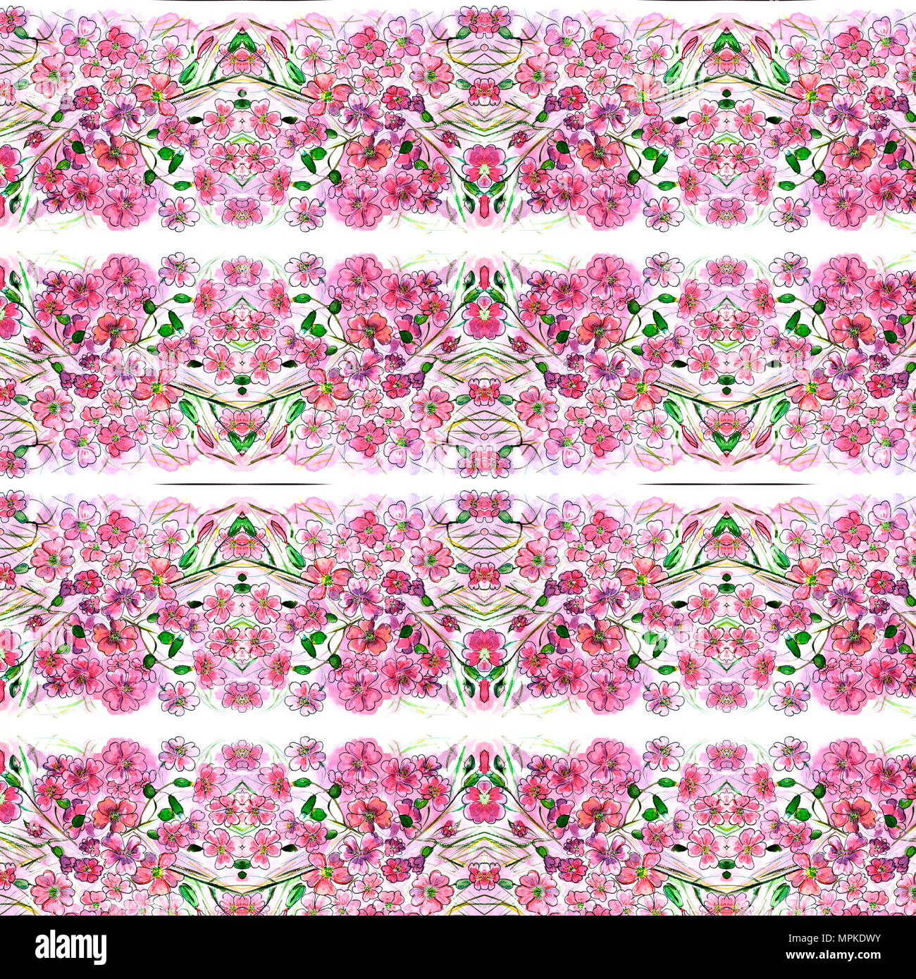 Modello di fiori, red rose con foglie acquerello Foto Stock