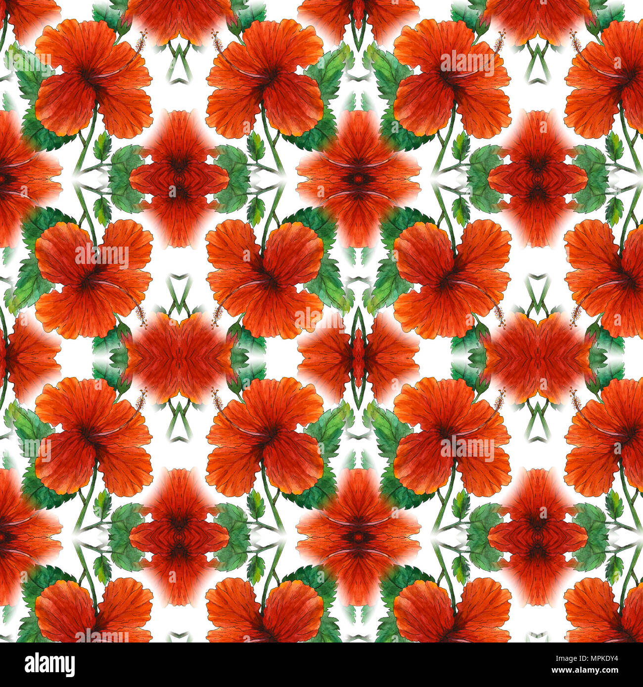 Acquarello dipinto originale di Red hibiscus pattern Foto Stock