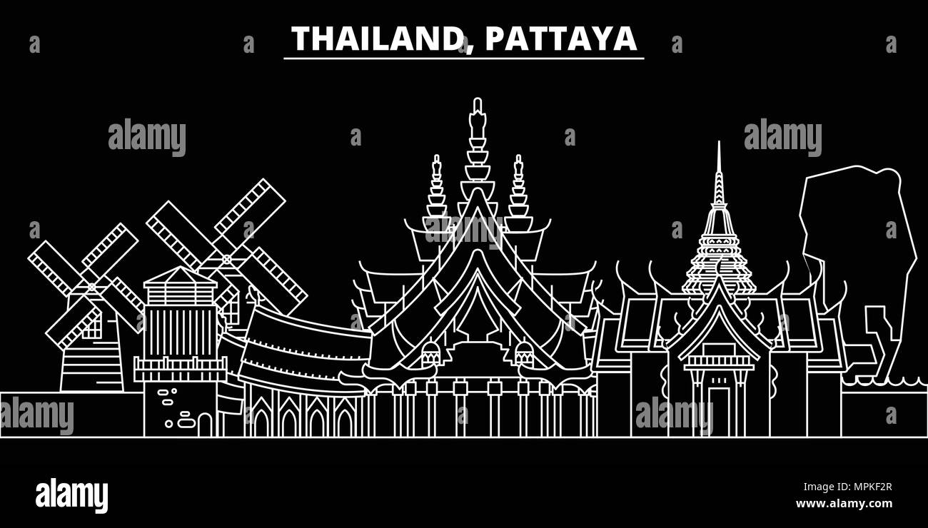 Silhouette di Pattaya skyline. Thailandia - Pattaya città di vettore, tailandese architettura lineare, edifici. Linea di Pattaya travel illustrazione, punti di riferimento. Thailandia icona piana, tailandese schema di progettazione banner Illustrazione Vettoriale