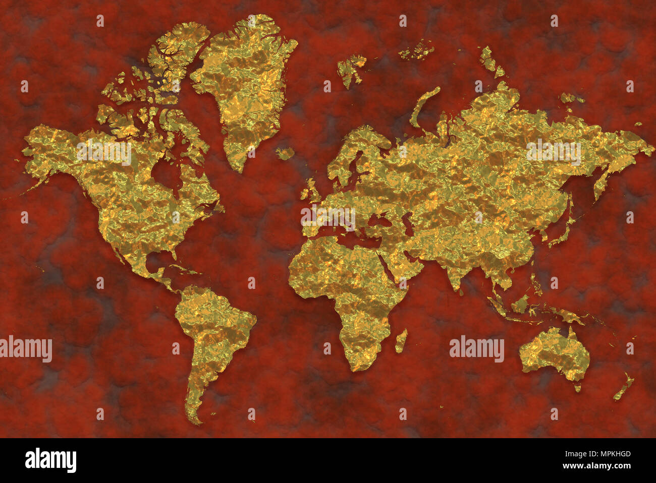 Mappa di golden-mondo placcato, superfici dorate. Mondo Mondo Mappa appoggiata su un sfondo arrugginito Foto Stock