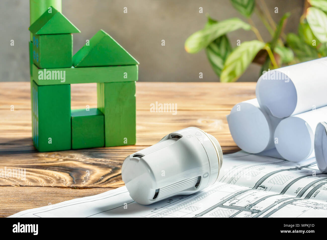Testa termostatica valvola per Radiatore riscaldatore e green house di cubi su sfondo di legno riscaldamento Progetto di fornitura del calore Building Concept idea di ECO SUS Foto Stock
