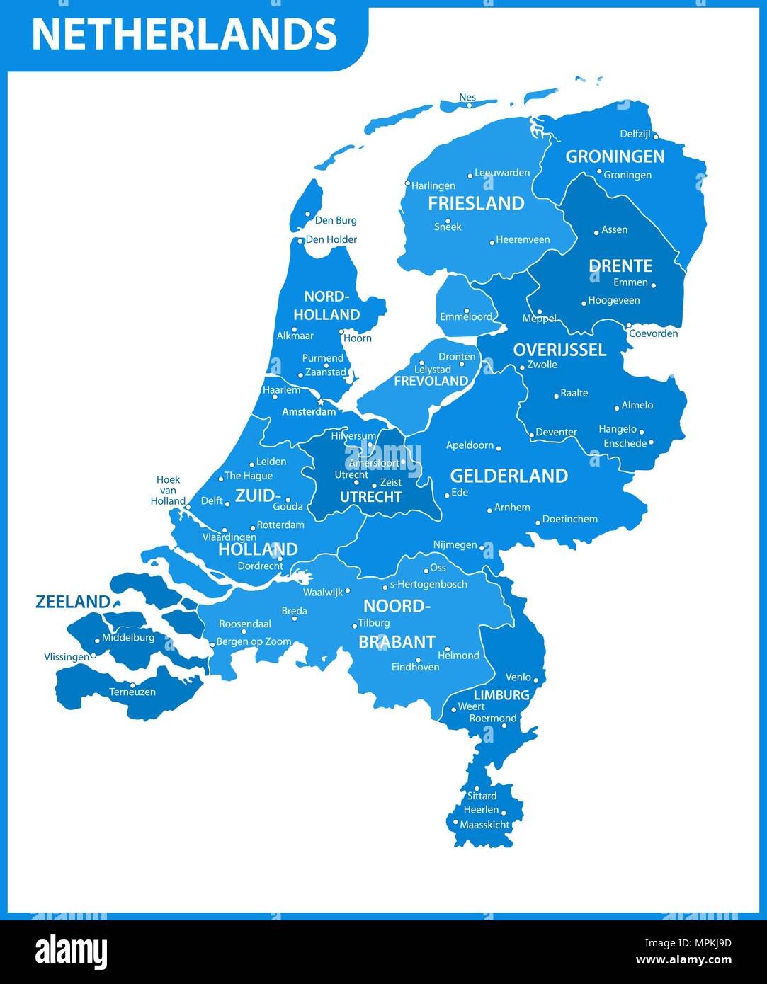 La mappa dettagliata dei Paesi Bassi con le regioni o gli stati e le città capitali. Divisione amministrativa. Illustrazione Vettoriale