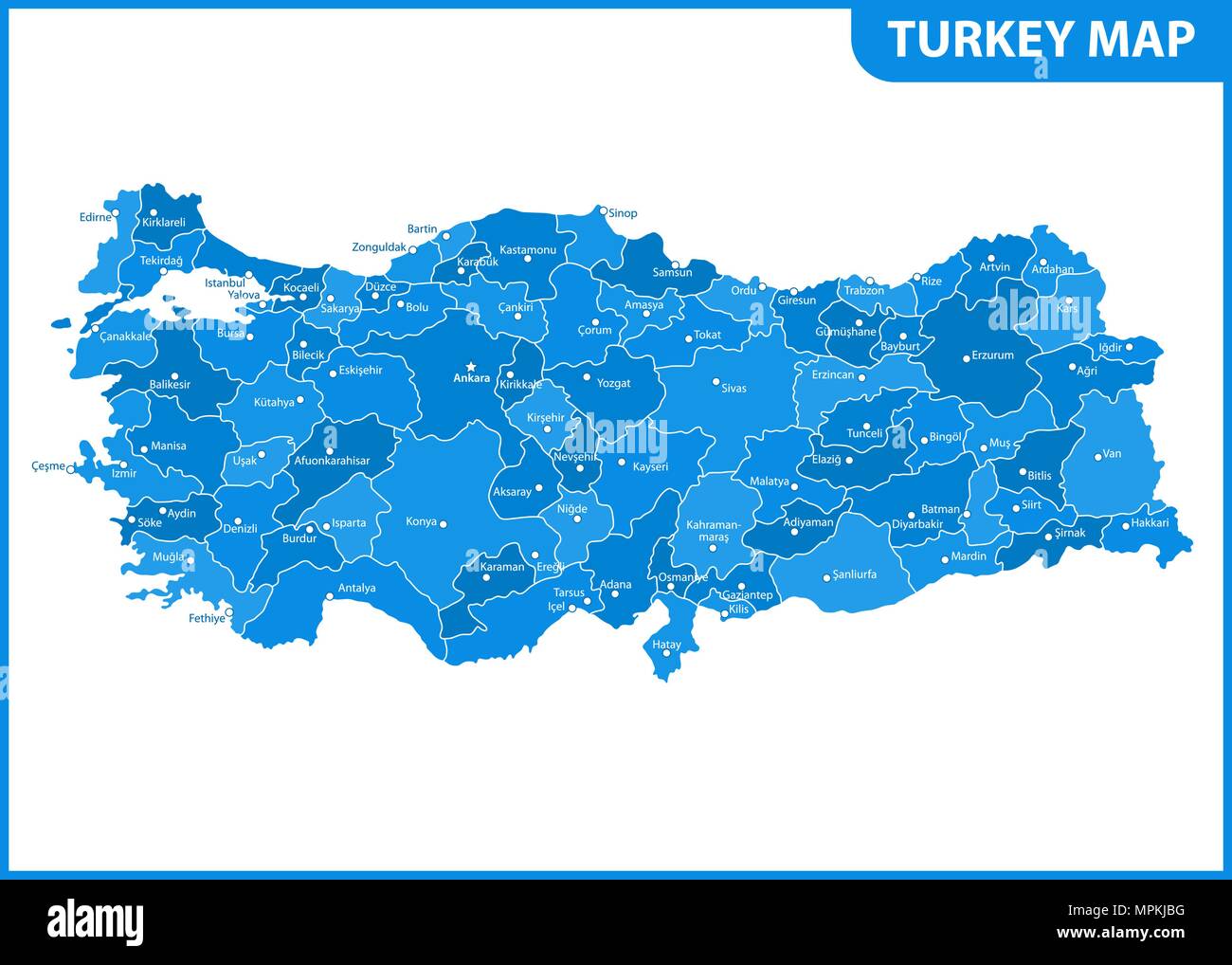 La mappa dettagliata della Turchia con le regioni o gli stati e le città capitali. Divisione amministrativa Illustrazione Vettoriale