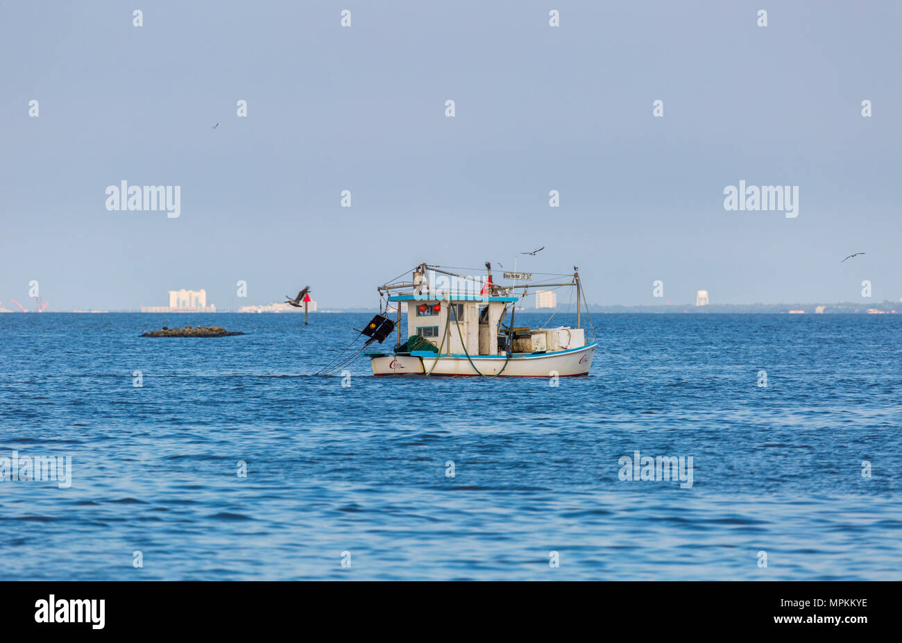 Imbarcazione da pesca commerciale nel Mississippi Sound vicino a Ocean Springs, Mississippi, USA Foto Stock