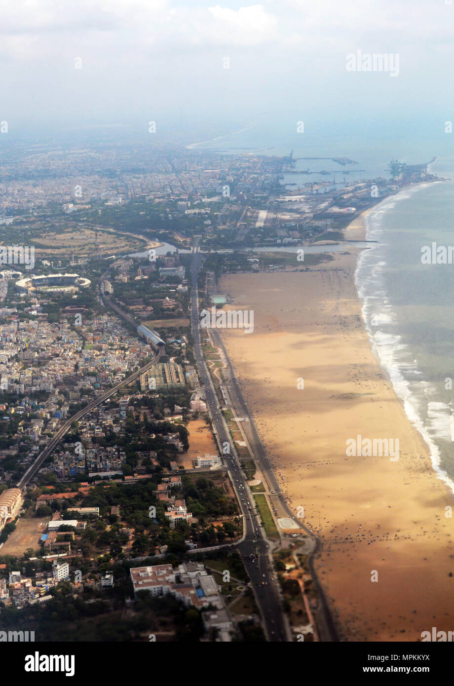 Vista aerea di Chennai Marina Beach. Foto Stock