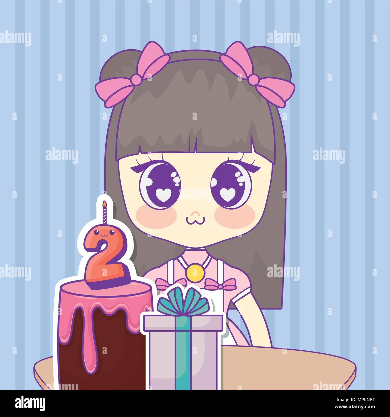 Felice birthdaydesign con kawaii anime girl con le relative icone su sfondo blu, illustrazione vettoriale Illustrazione Vettoriale