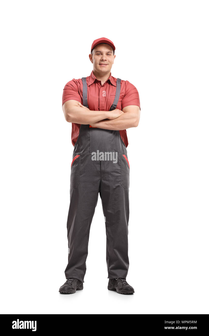 A piena lunghezza Ritratto di un mover con le sue mani incrociate isolato su sfondo bianco Foto Stock
