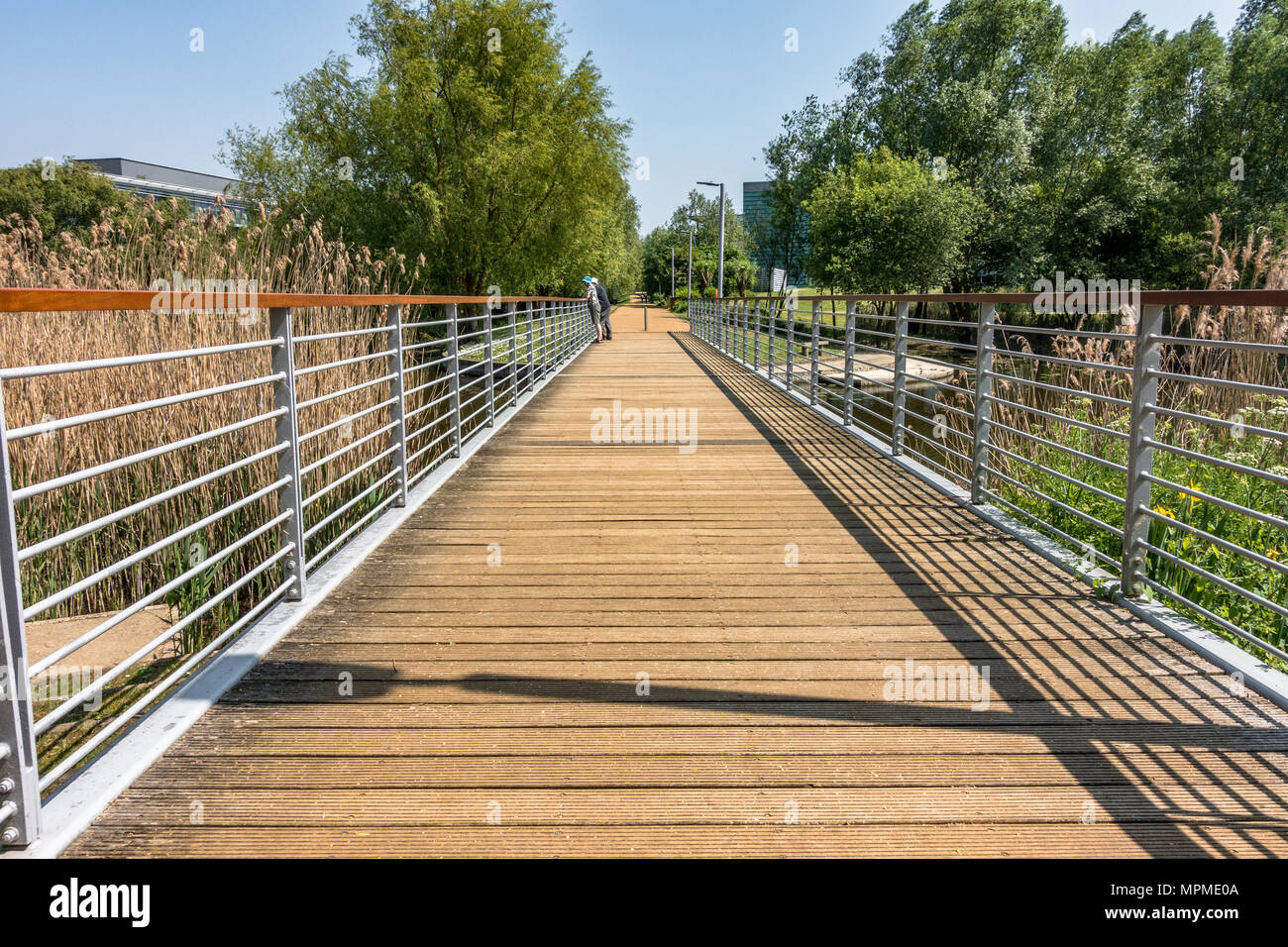 Un ponte su un lago al Green Park Business Park in lettura, UK. Foto Stock