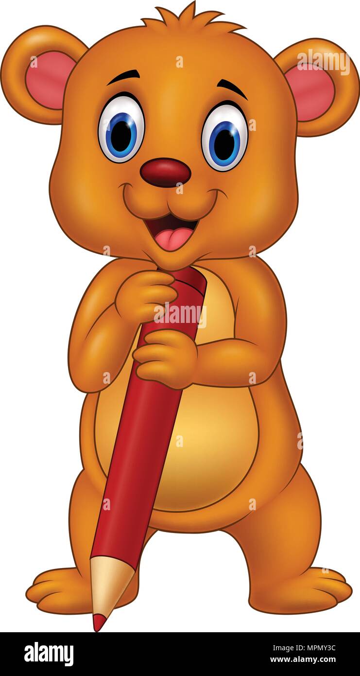 Cartoon orso bruno cartoon holding matita rossa Illustrazione Vettoriale