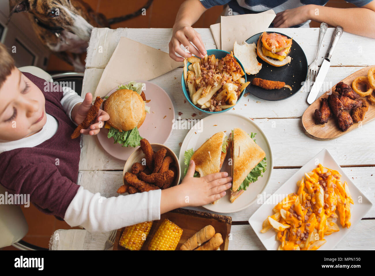 Due ragazzi con il cane gustando piatti americani al tavolo da pranzo a casa Foto Stock