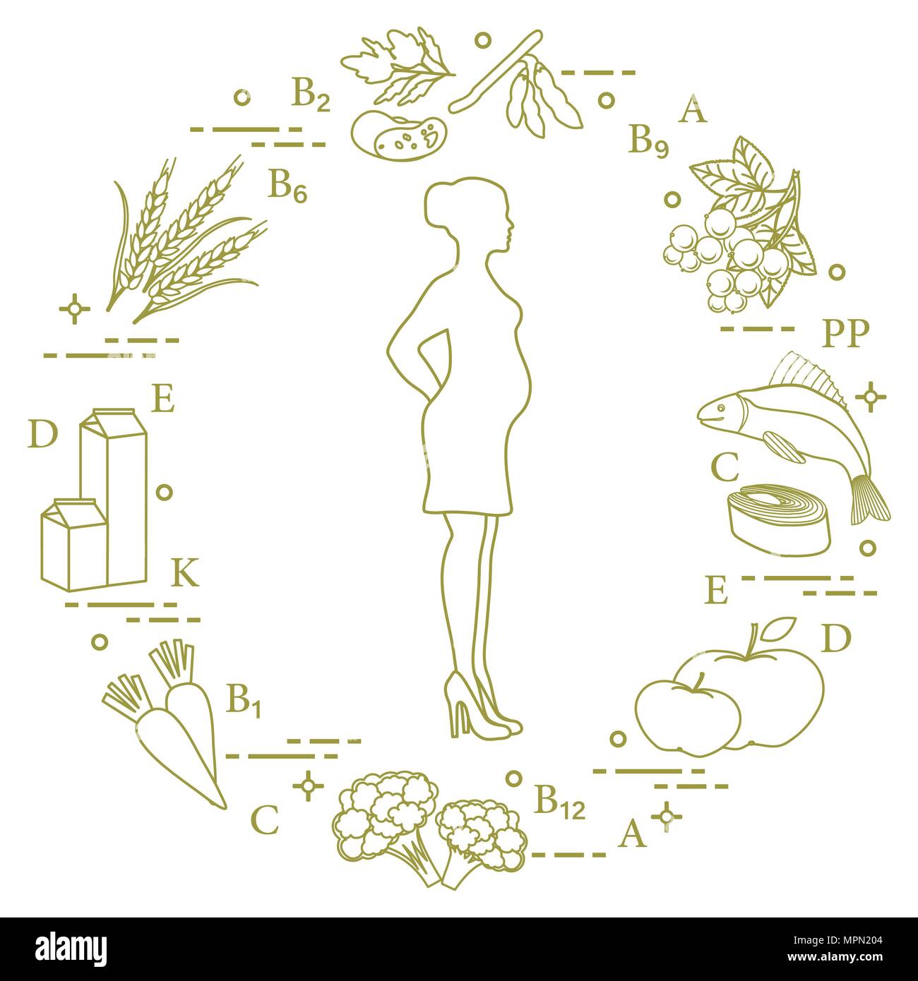 Donna incinta e di cibi ricchi di vitamine utili per le donne in gravidanza. Pesci, mele, cavolfiore, carote, prodotti lattiero-caseari, il ribes nero, soia, siamo Illustrazione Vettoriale