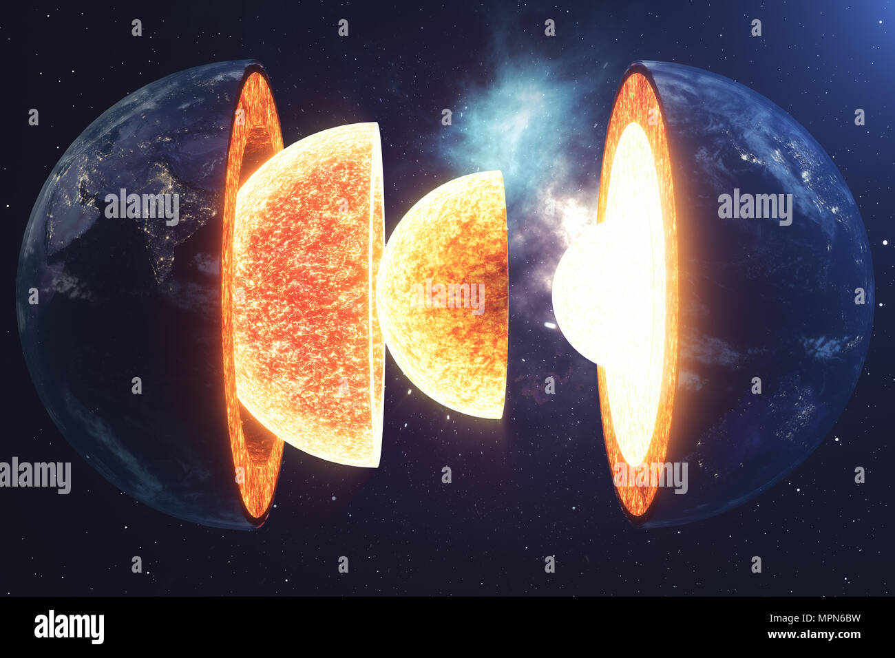 Struttura di massa di nucleo. Struttura di strati di terra. La struttura della crosta terrestre. Massa sezione trasversale nella vista dallo spazio. Gli elementi di questa immagine fur Foto Stock